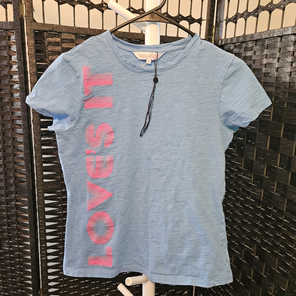 Paris Hilton Sky Blue Tee with Vibrant Pink Print